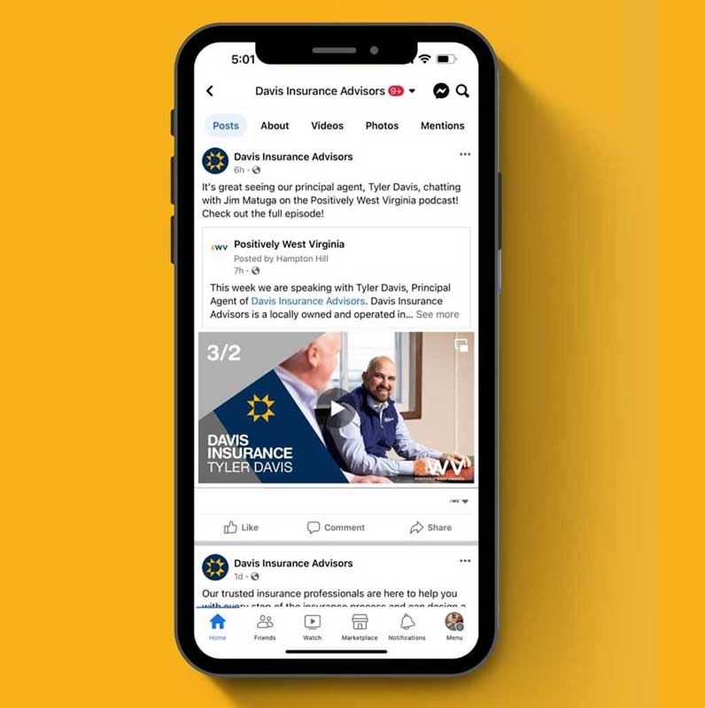 Facebook feed on mobile phone for local insurance agency 